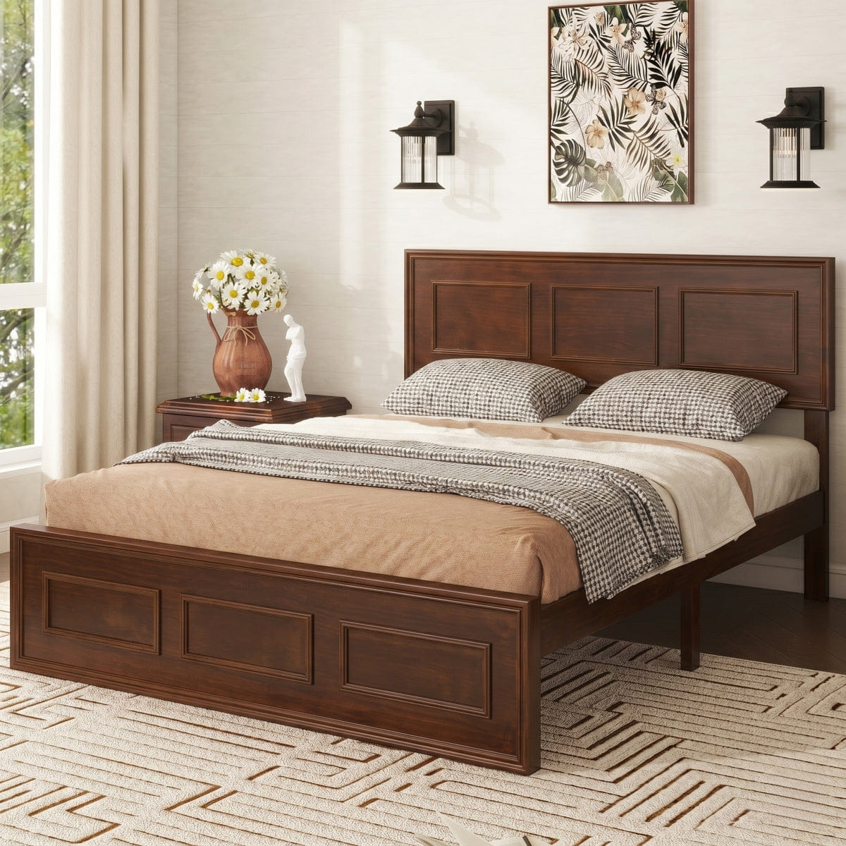 WOOD Streamdale Full Size Pine Wood Bed with Adjustable Headboard, Walnut