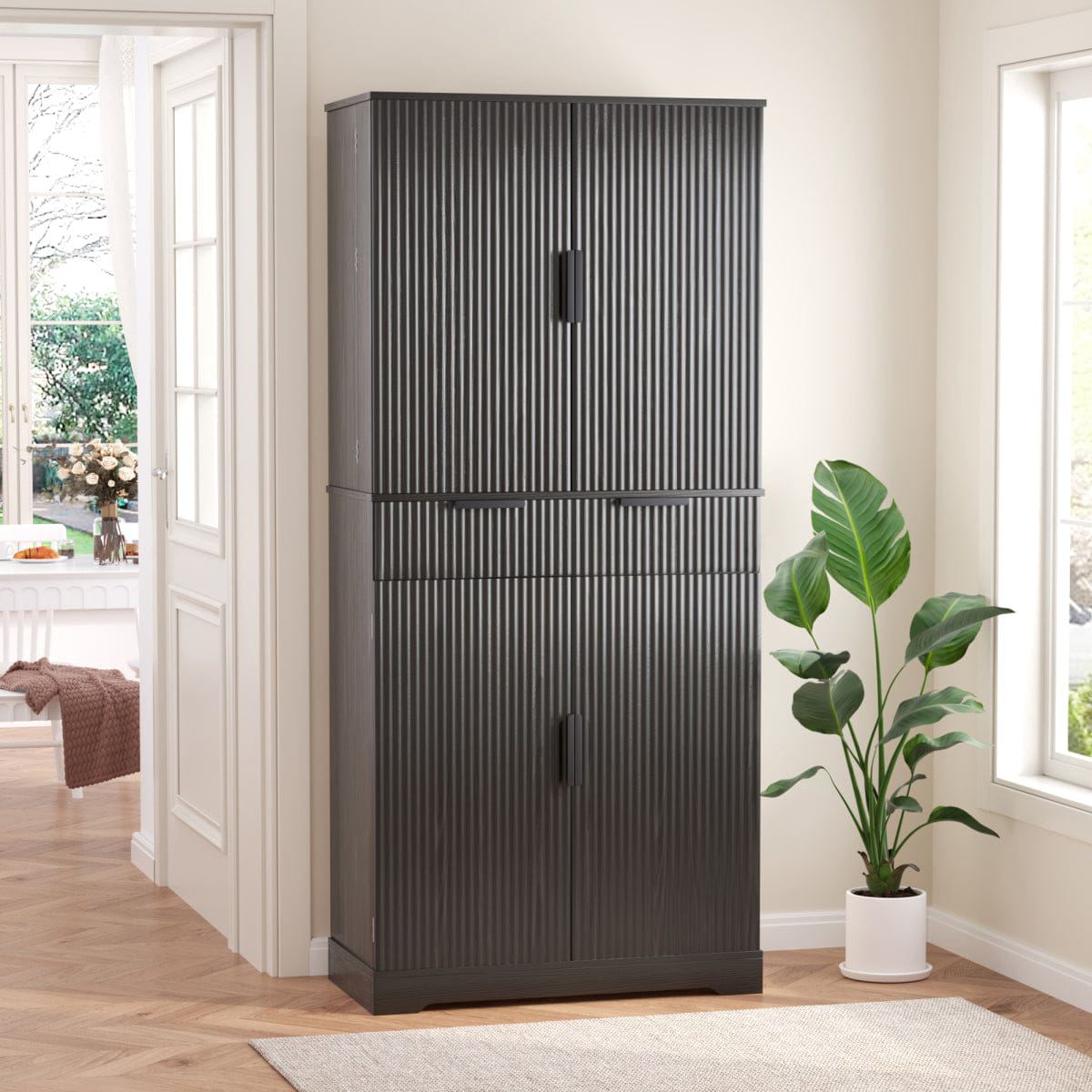 DOORS Streamdale 72" Fluted Kitchen Pantry Cabinet with 6 Doors and 3 Drawers, Black