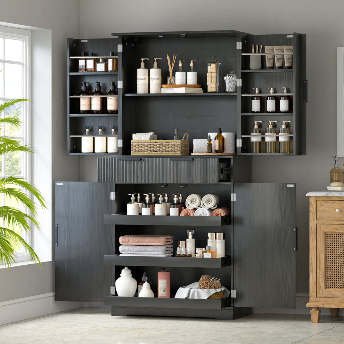 DOORS Streamdale 72" Fluted Kitchen Pantry Cabinet with 6 Doors and 3 Drawers, Black