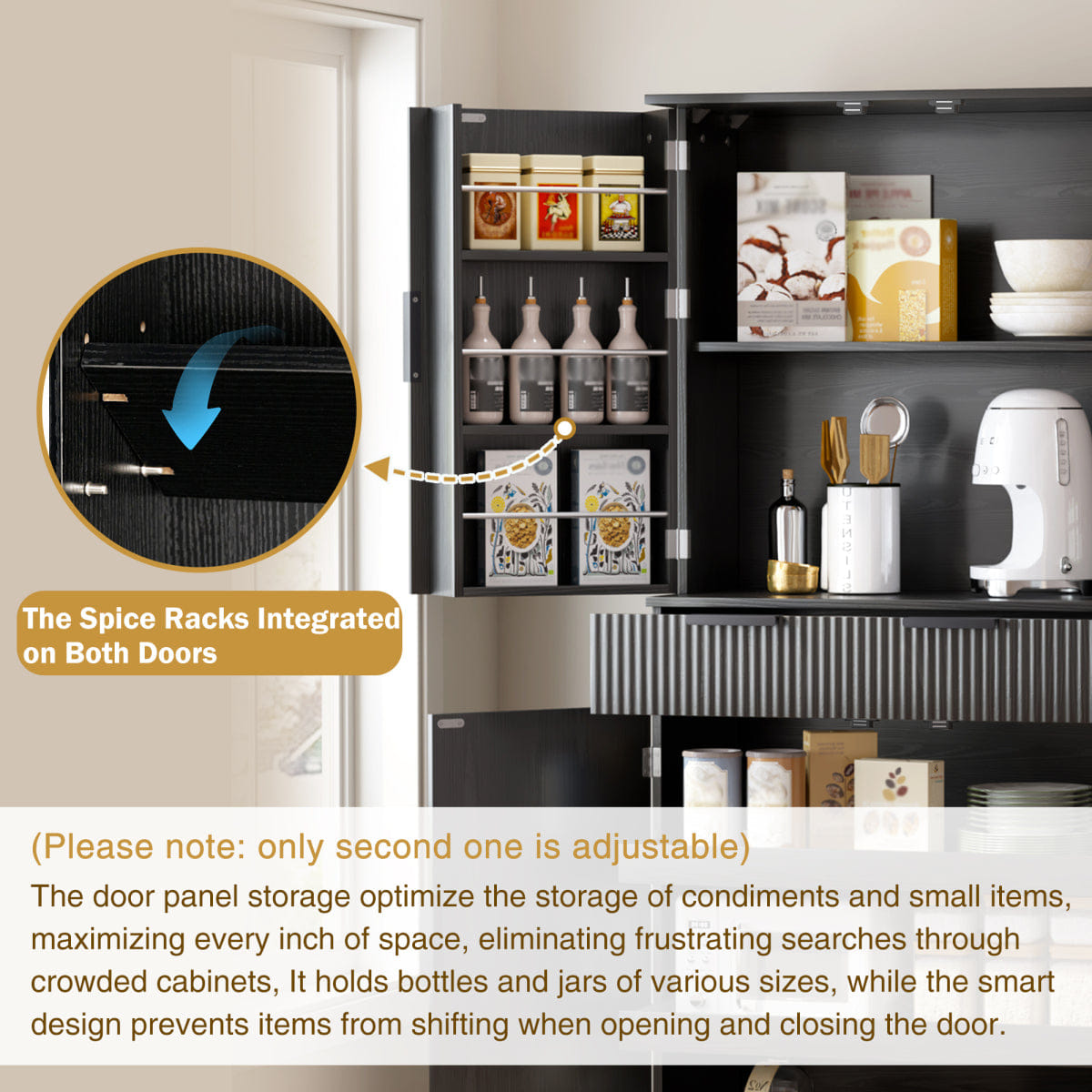 DOORS Streamdale 72" Fluted Kitchen Pantry Cabinet with 6 Doors and 3 Drawers, Black