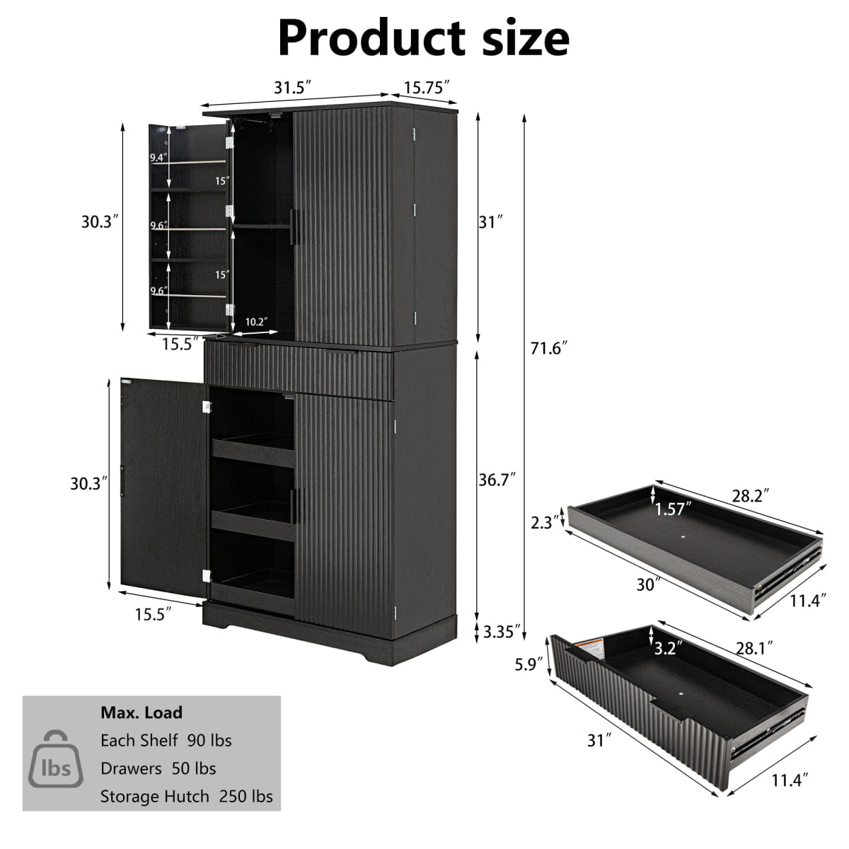 DOORS Streamdale 72" Fluted Kitchen Pantry Cabinet with 6 Doors and 3 Drawers, Black