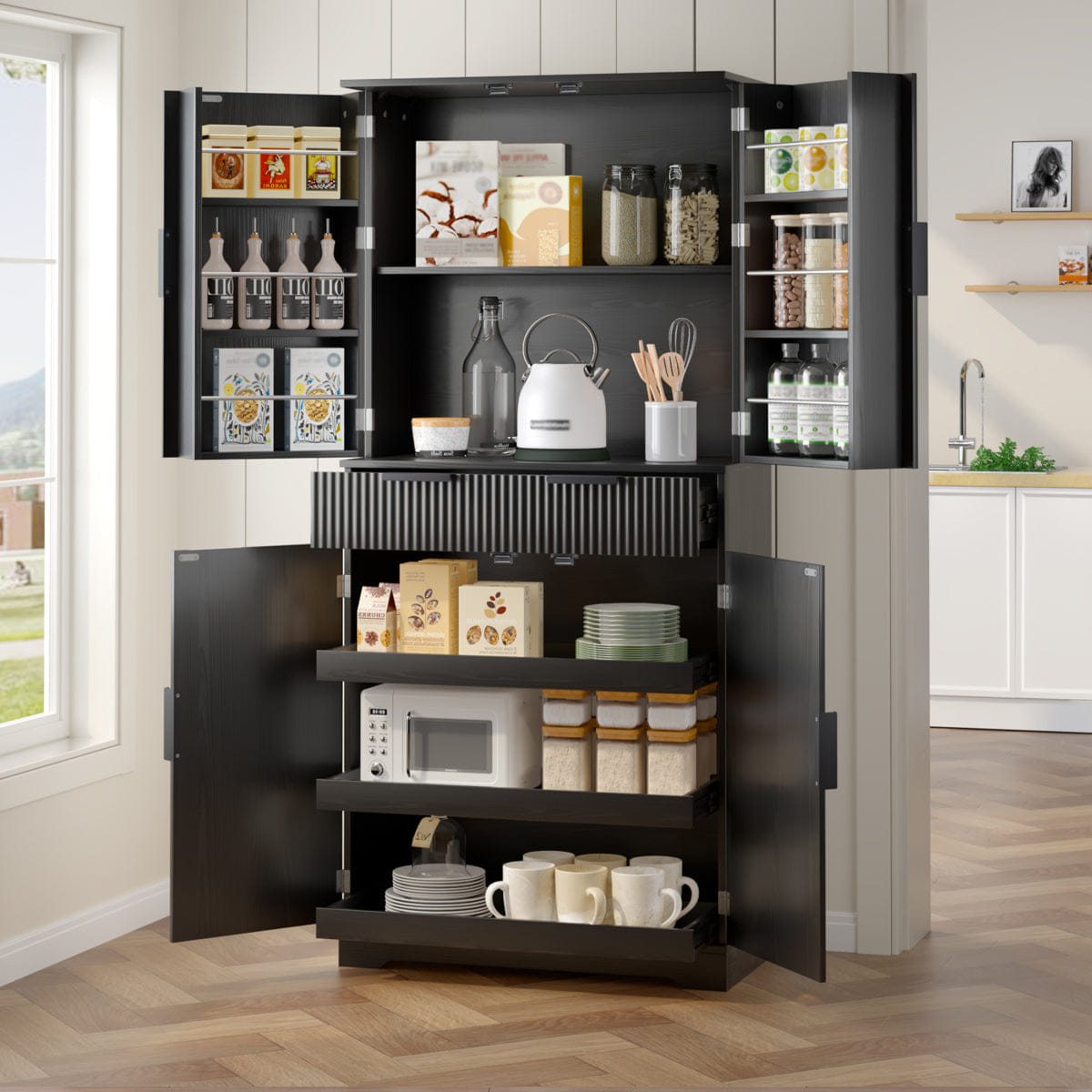 DOORS Streamdale 72" Fluted Kitchen Pantry Cabinet with 6 Doors and 3 Drawers, Black