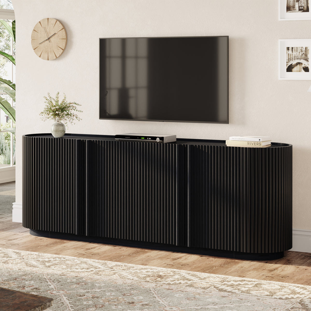 WOOD Streamdale Mid Century Wood Grain TV Stand for 70" TVs with Fluted Door, Black
