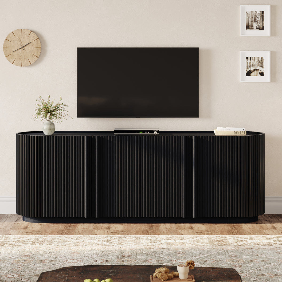 WOOD Streamdale Mid Century Wood Grain TV Stand for 70" TVs with Fluted Door, Black