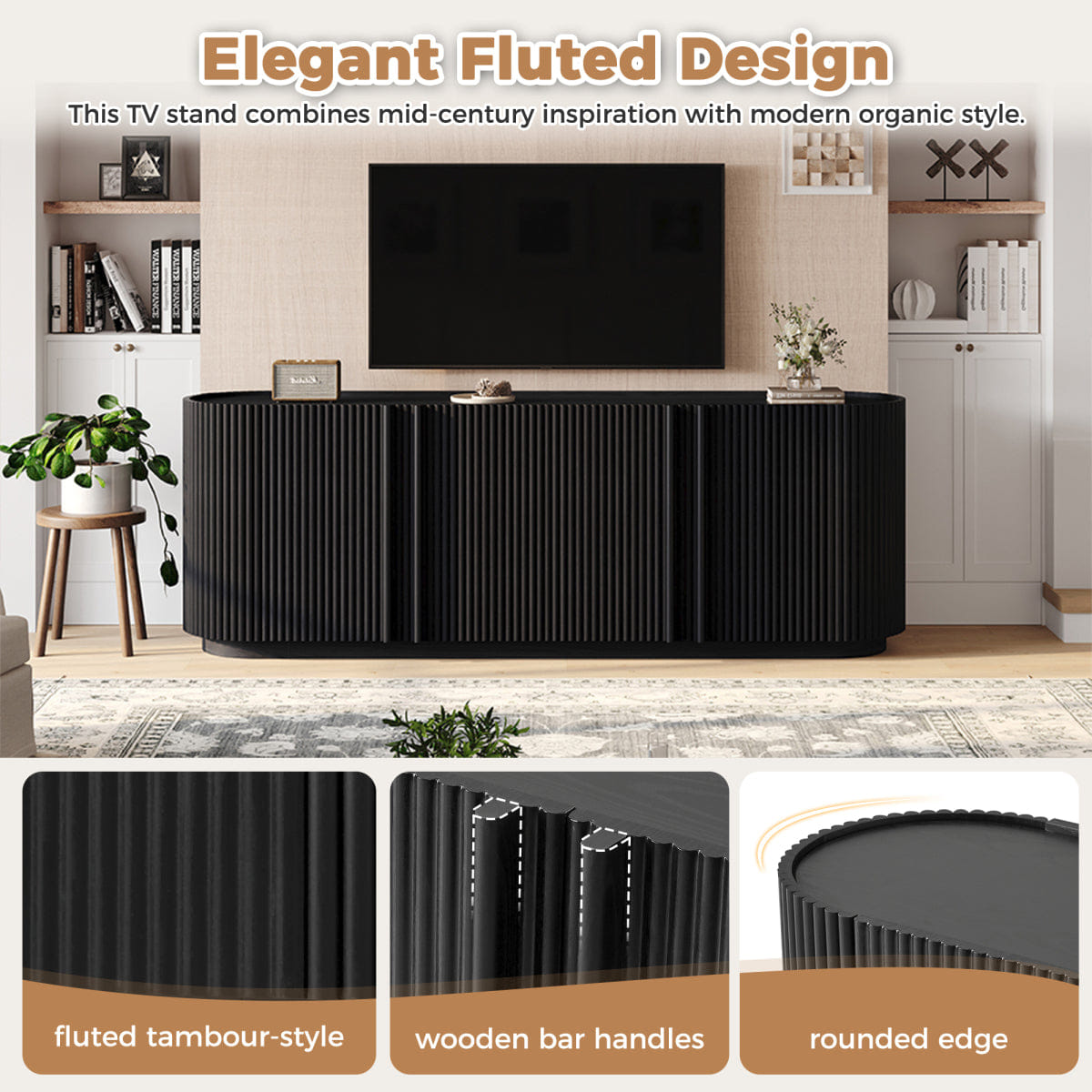 WOOD Streamdale Mid Century Wood Grain TV Stand for 70" TVs with Fluted Door, Black