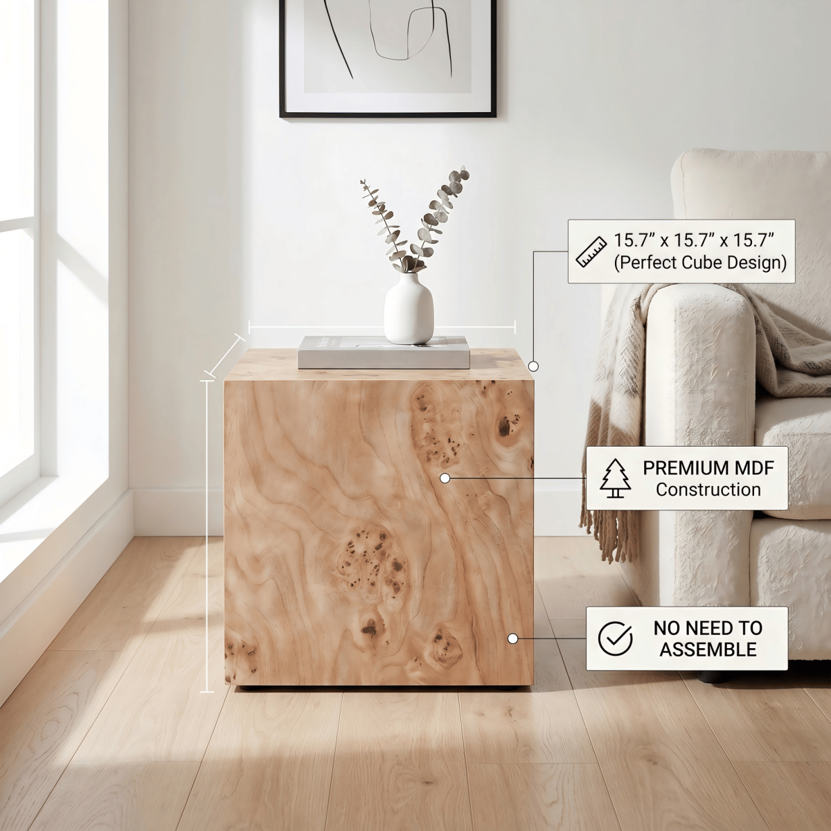 WOOD Streamdale Natural Wood - Grain MDF Wabi - Sabi Square Coffee & Side Table, 15.7