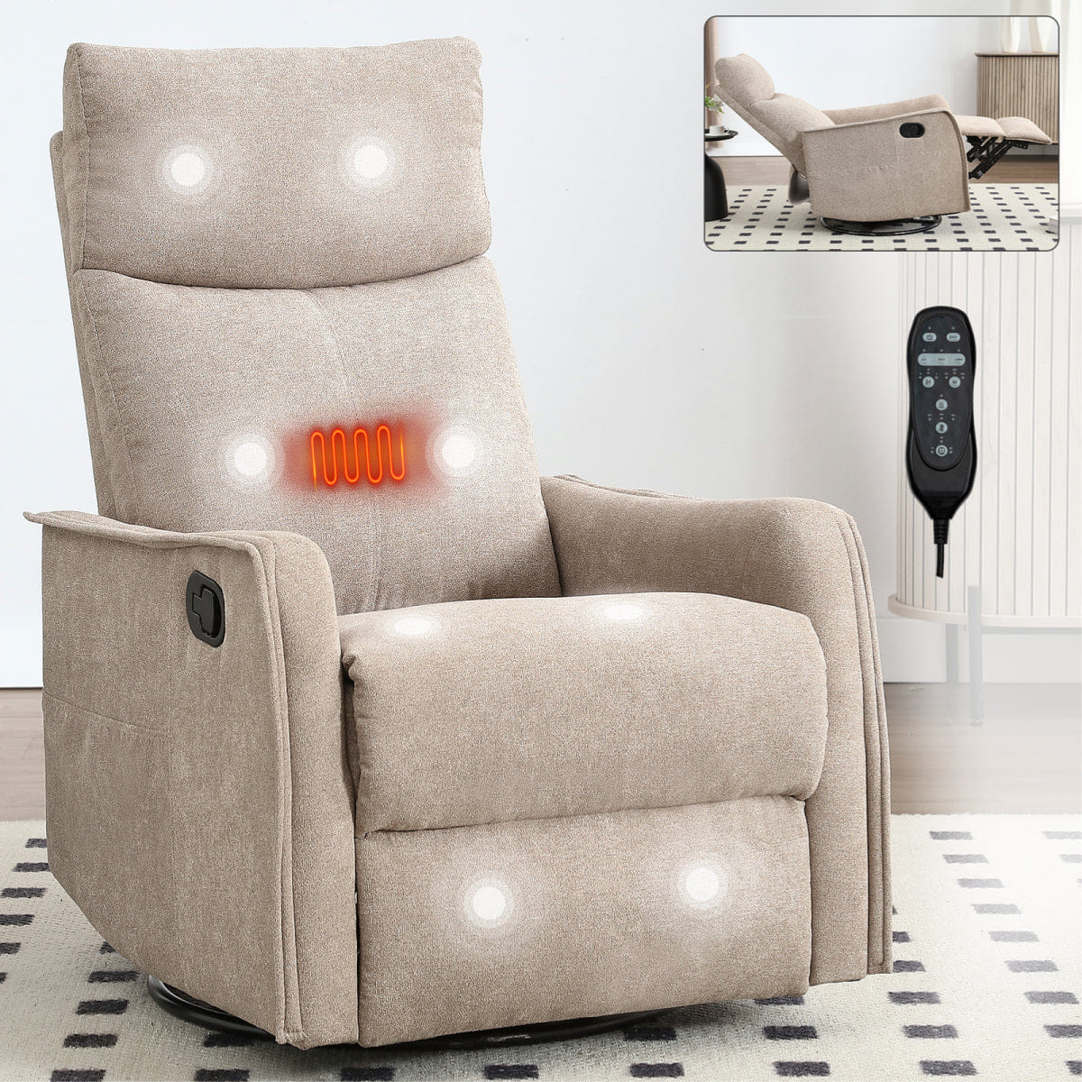 And Streamdale Heat Massage Fabric Manual Recliner Chair with Rocker and Swivel, Khaki