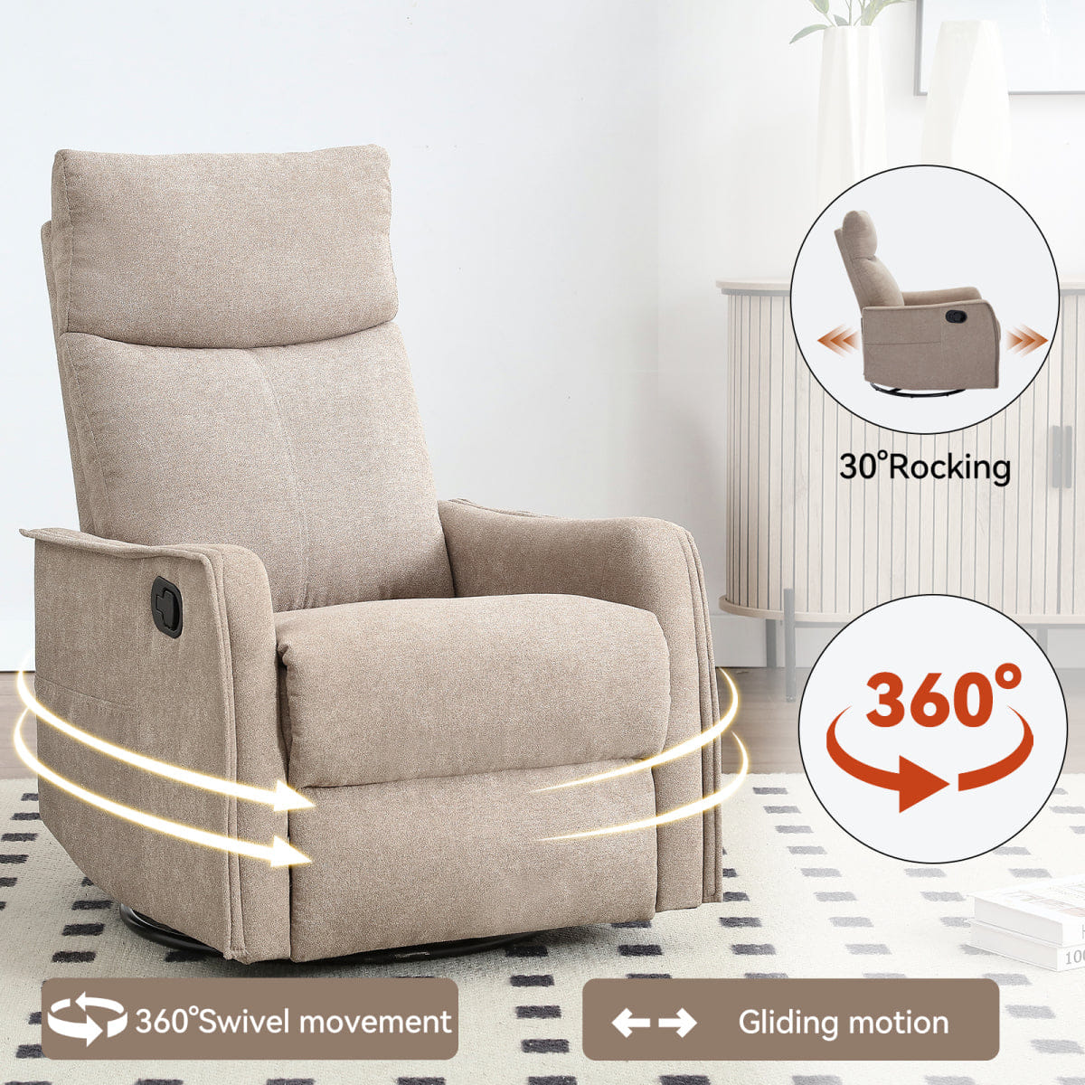 And Streamdale Heat Massage Fabric Manual Recliner Chair with Rocker and Swivel, Khaki