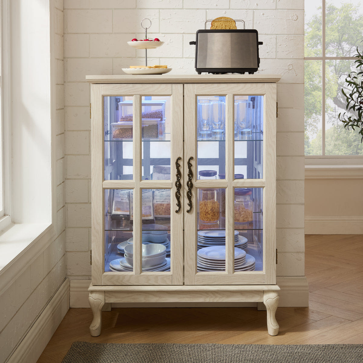 WHITE* Streamdale White Glass Storage Cabinet with RGB Lights & 2 Shelves