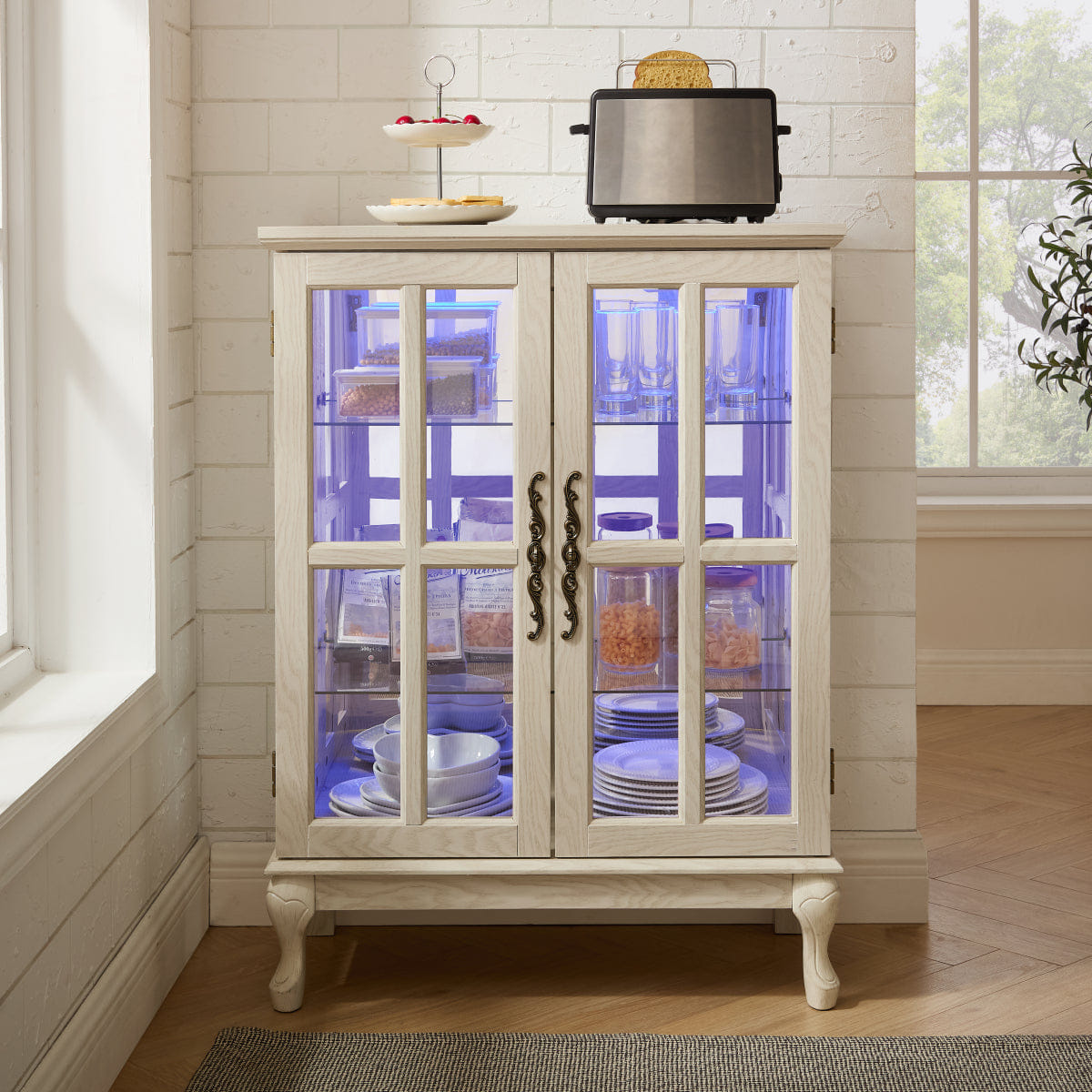 WHITE* Streamdale White Glass Storage Cabinet with RGB Lights & 2 Shelves