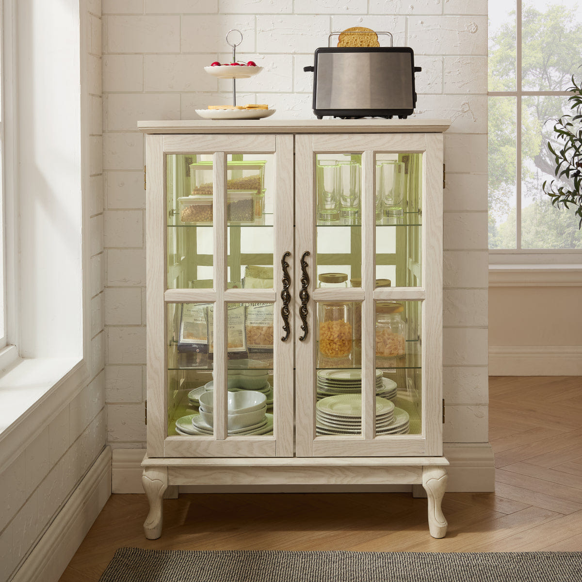 WHITE* Streamdale White Glass Storage Cabinet with RGB Lights & 2 Shelves