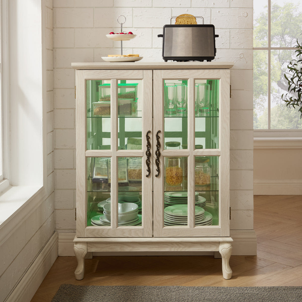 WHITE* Streamdale White Glass Storage Cabinet with RGB Lights & 2 Shelves