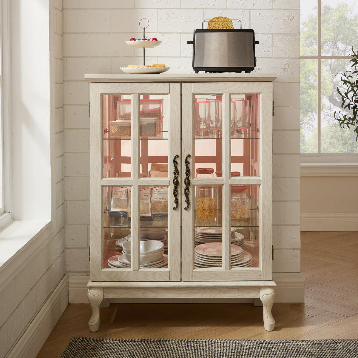 WHITE* Streamdale White Glass Storage Cabinet with RGB Lights & 2 Shelves