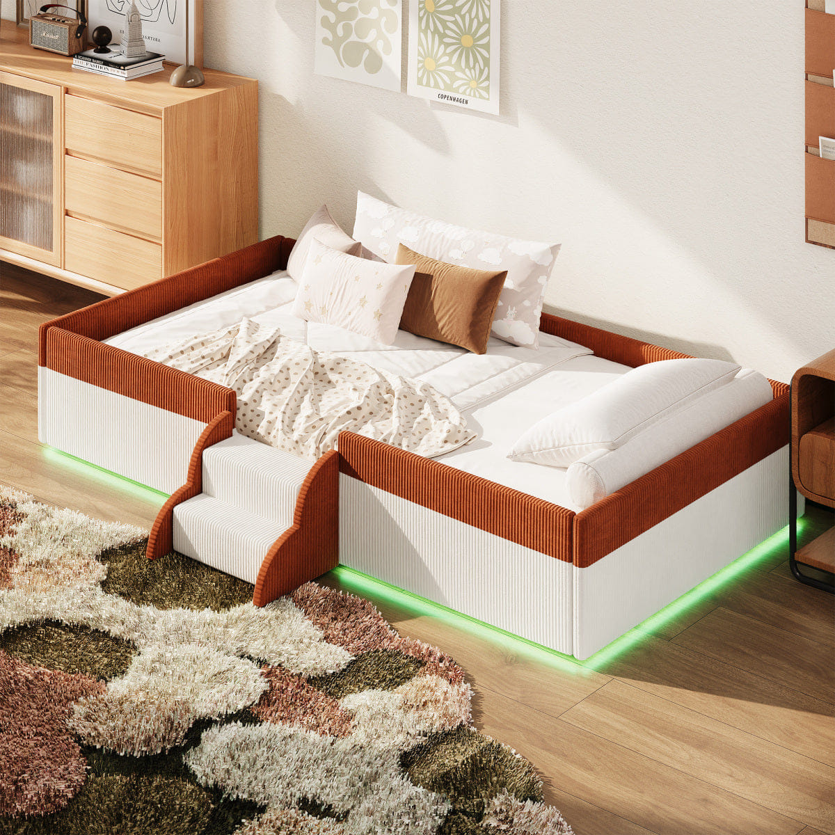 FLOOR Streamdale Twin Upholstered Floor Bed with Fence, Steps & LED Lights