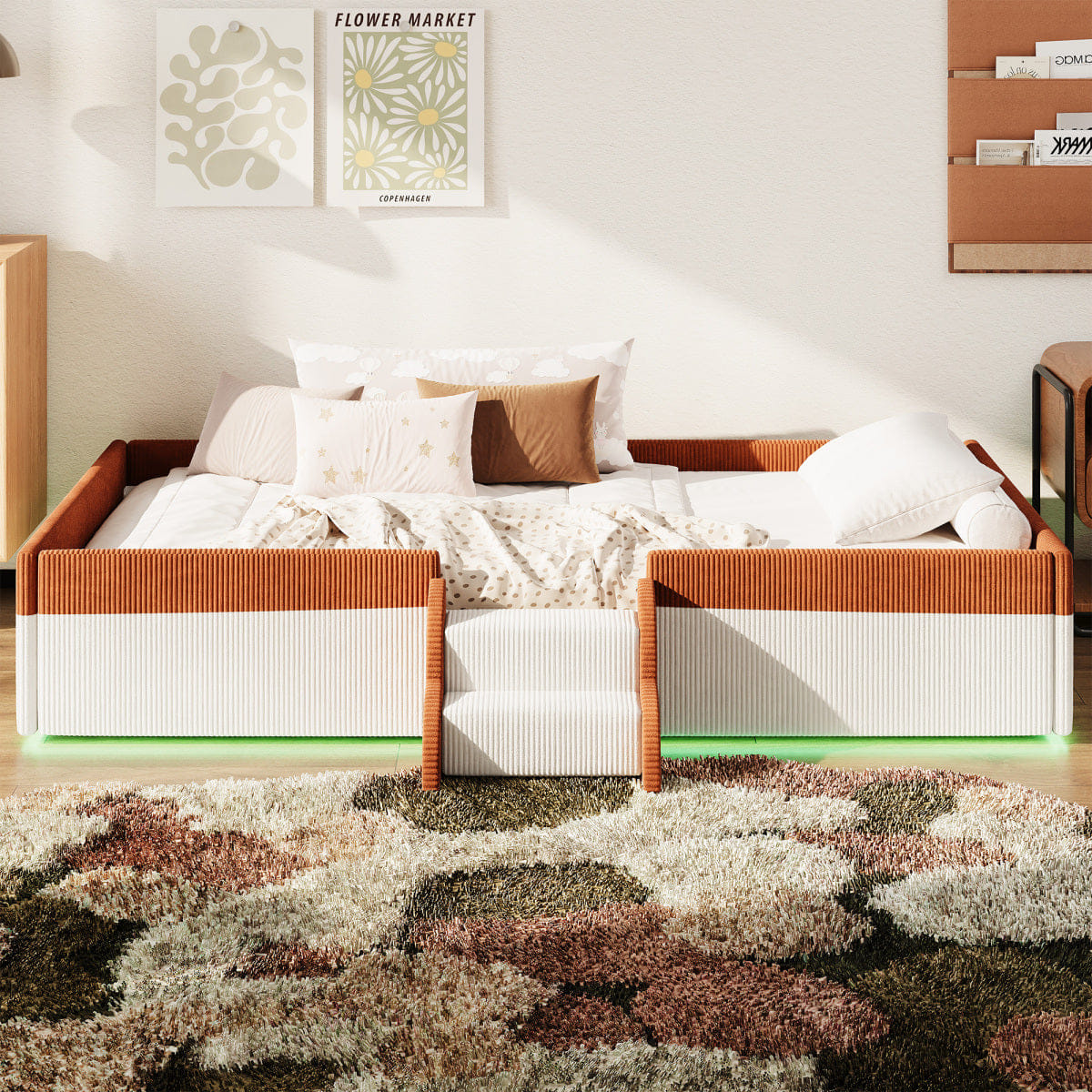 FLOOR Streamdale Twin Upholstered Floor Bed with Fence, Steps & LED Lights