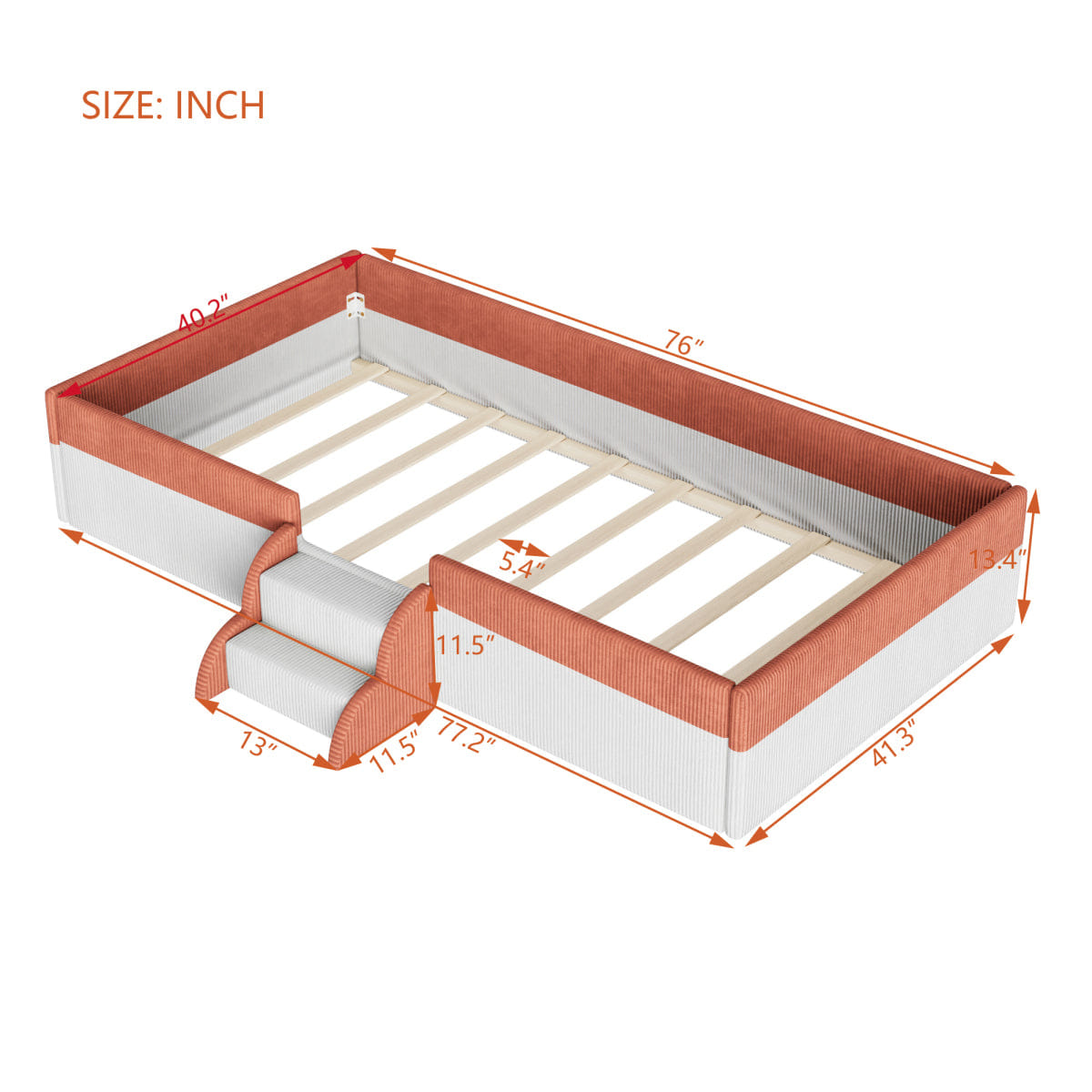 FLOOR Streamdale Twin Upholstered Floor Bed with Fence, Steps & LED Lights