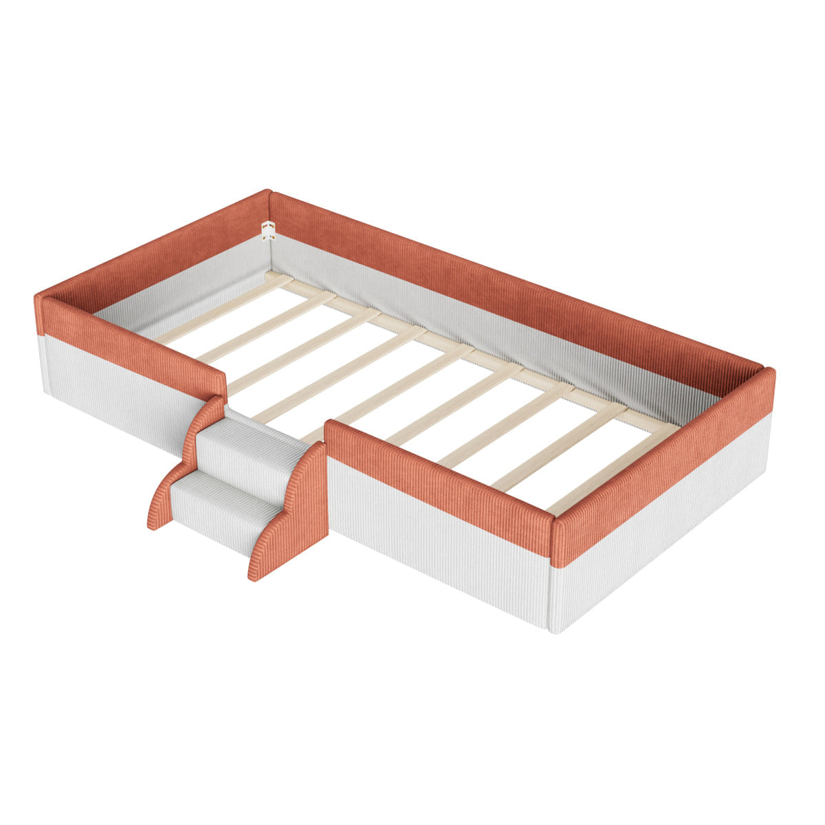 FLOOR Streamdale Twin Upholstered Floor Bed with Fence, Steps & LED Lights