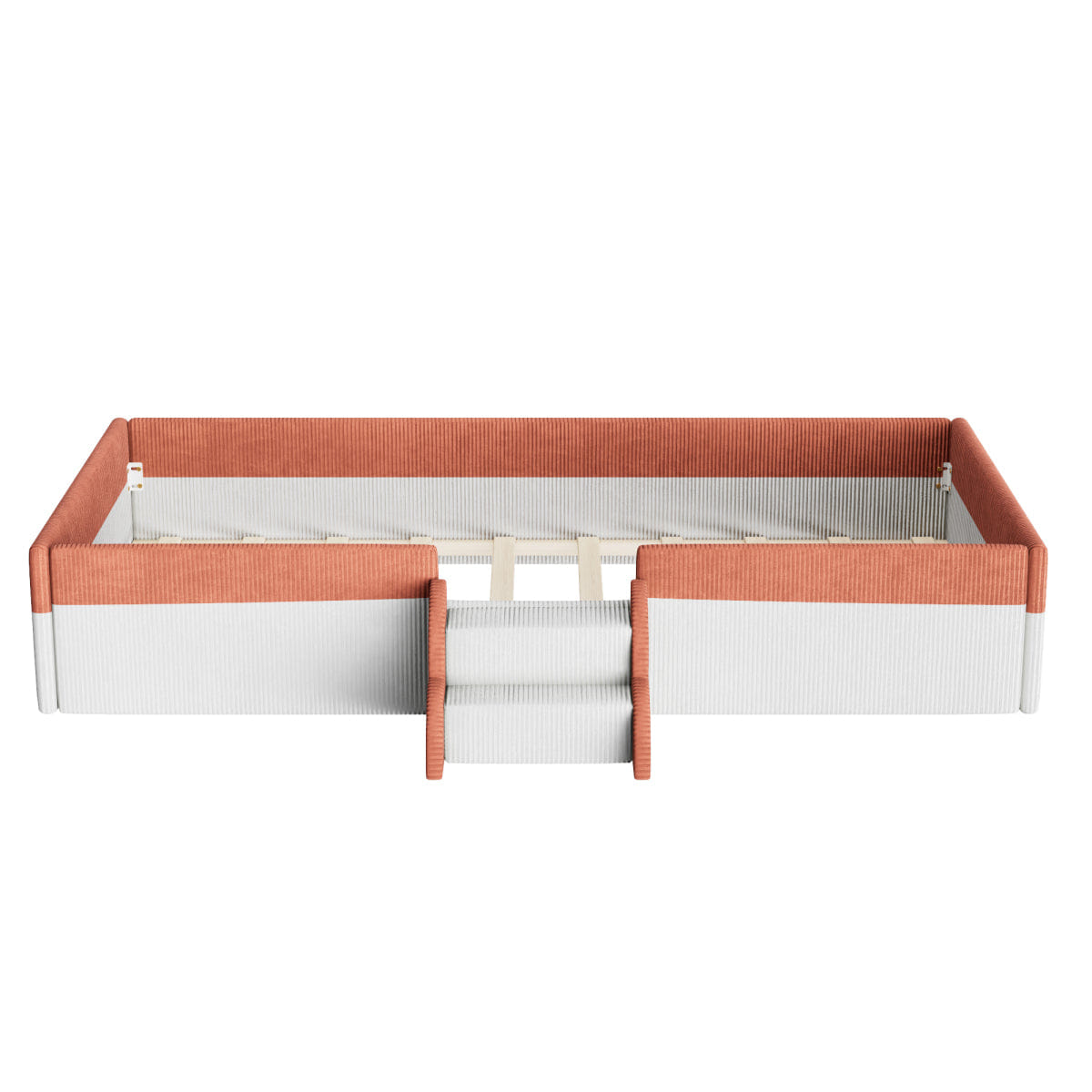 FLOOR Streamdale Twin Upholstered Floor Bed with Fence, Steps & LED Lights