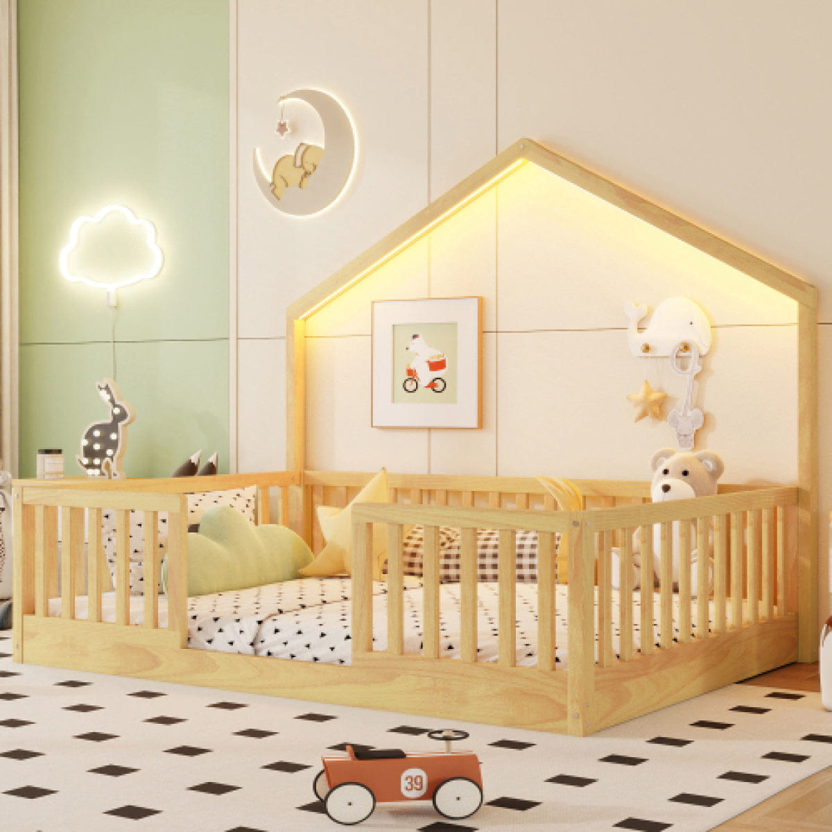 FLOOR Streamdale Full Floor Bed with High Rails and Light, Natural