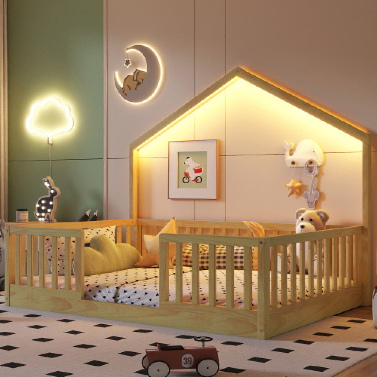 FLOOR Streamdale Full Floor Bed with High Rails and Light, Natural