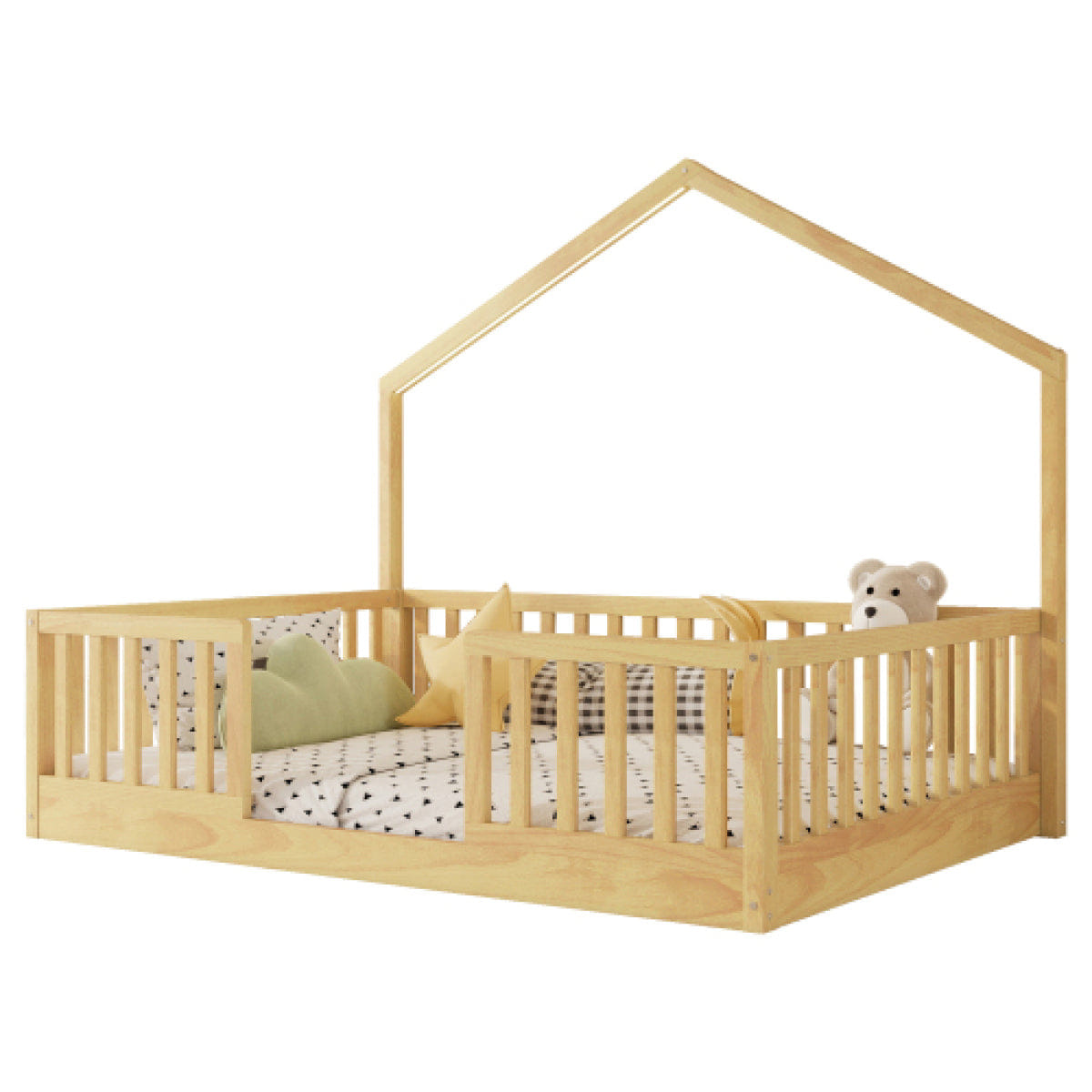 FLOOR Streamdale Full Floor Bed with High Rails and Light, Natural