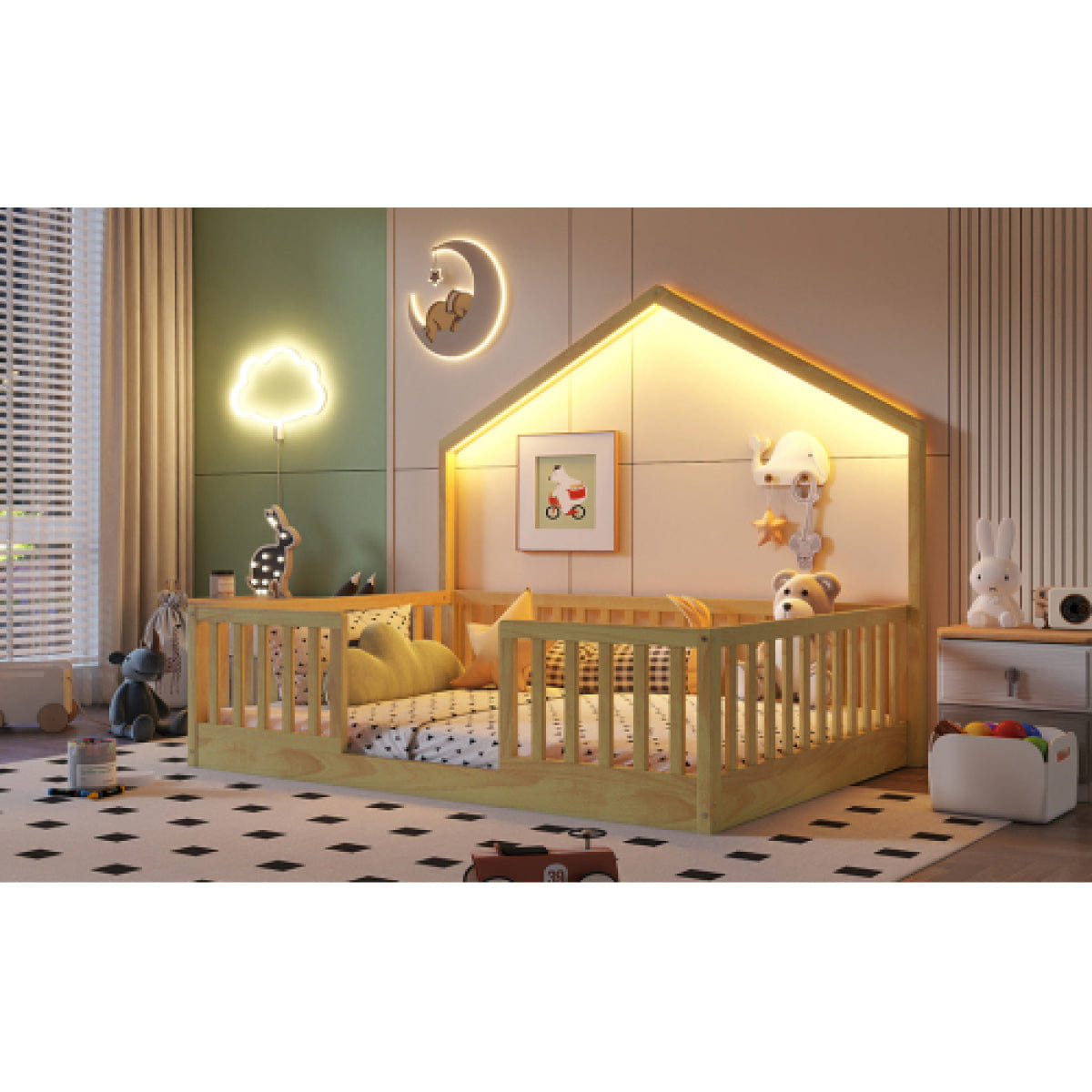 FLOOR Streamdale Full Floor Bed with High Rails and Light, Natural