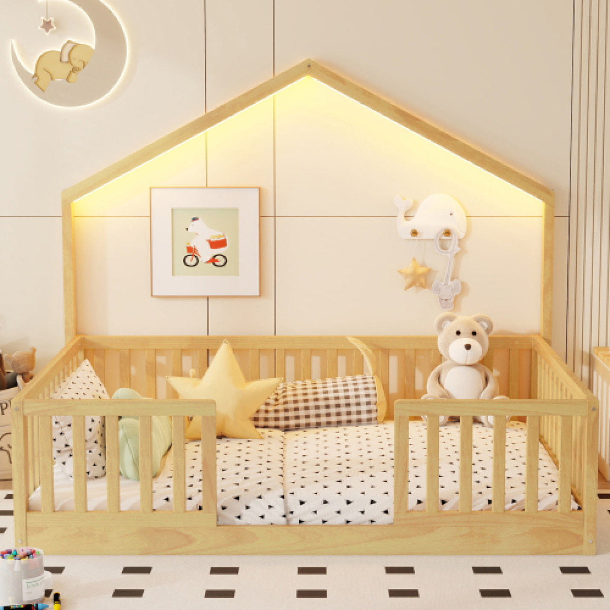 FLOOR Streamdale Full Floor Bed with High Rails and Light, Natural