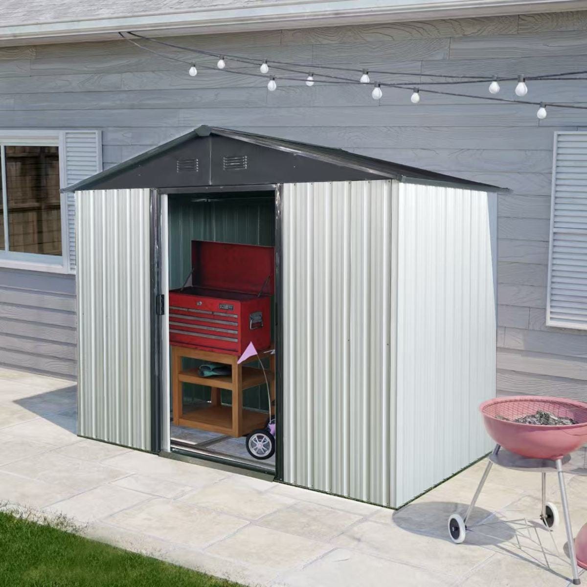 OUTDOOR Streamdale 8ft x 4ft Outdoor Metal Storage Shed with Sliding Door - White/Black