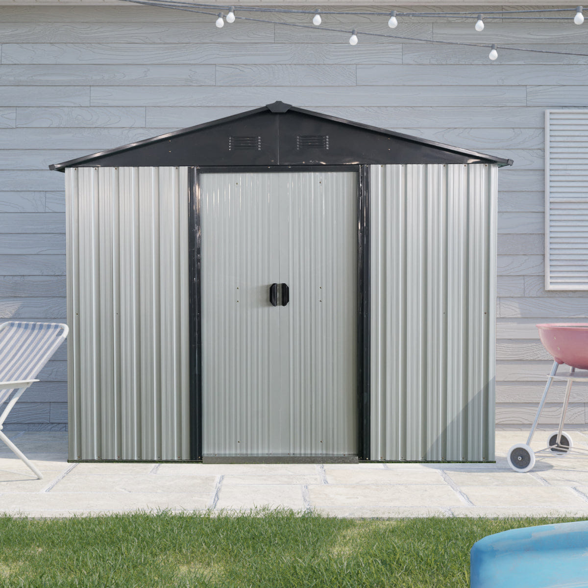 OUTDOOR Streamdale 8ft x 4ft Outdoor Metal Storage Shed with Sliding Door - White/Black