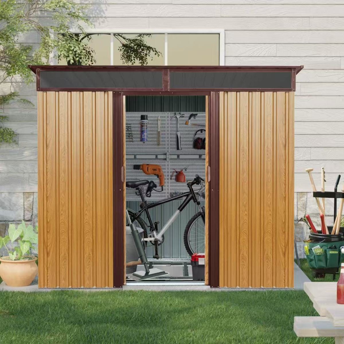 OUTDOOR Streamdale 8ft x 6ft Outdoor Metal Storage Shed with Sliding Doors (Coffee)