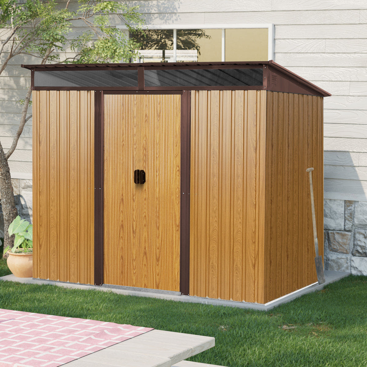 OUTDOOR Streamdale 8ft x 6ft Outdoor Metal Storage Shed with Sliding Doors (Coffee)