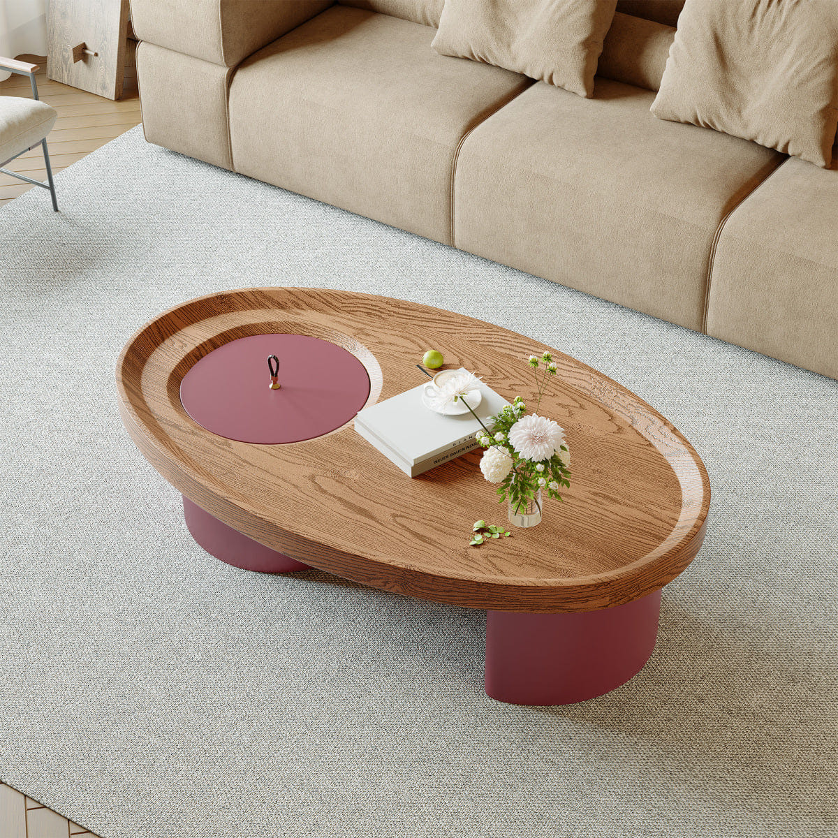 WOOD Streamdale 45.3" Oval Wood Coffee Table with Storage & Red Legs