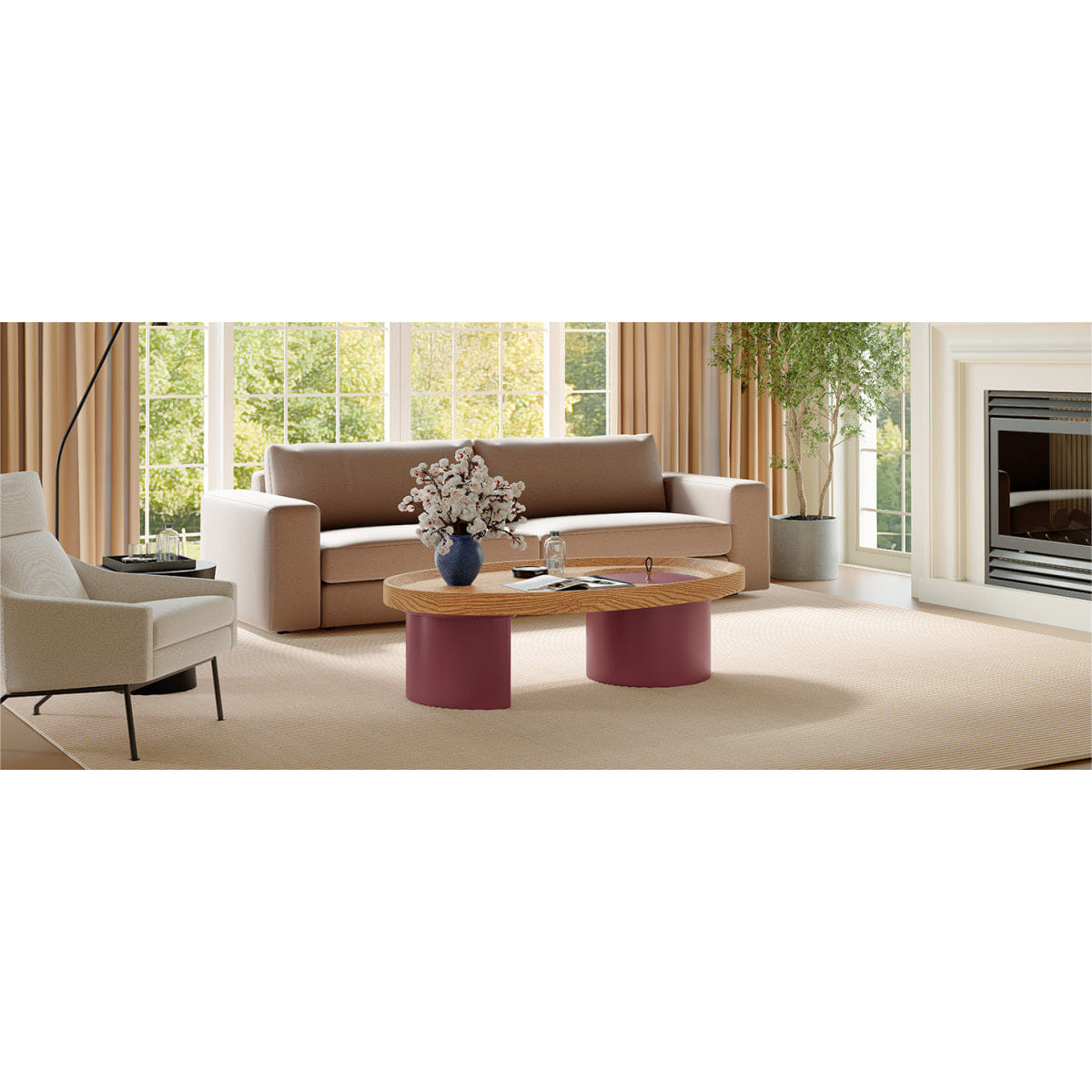 WOOD Streamdale 45.3" Oval Wood Coffee Table with Storage & Red Legs