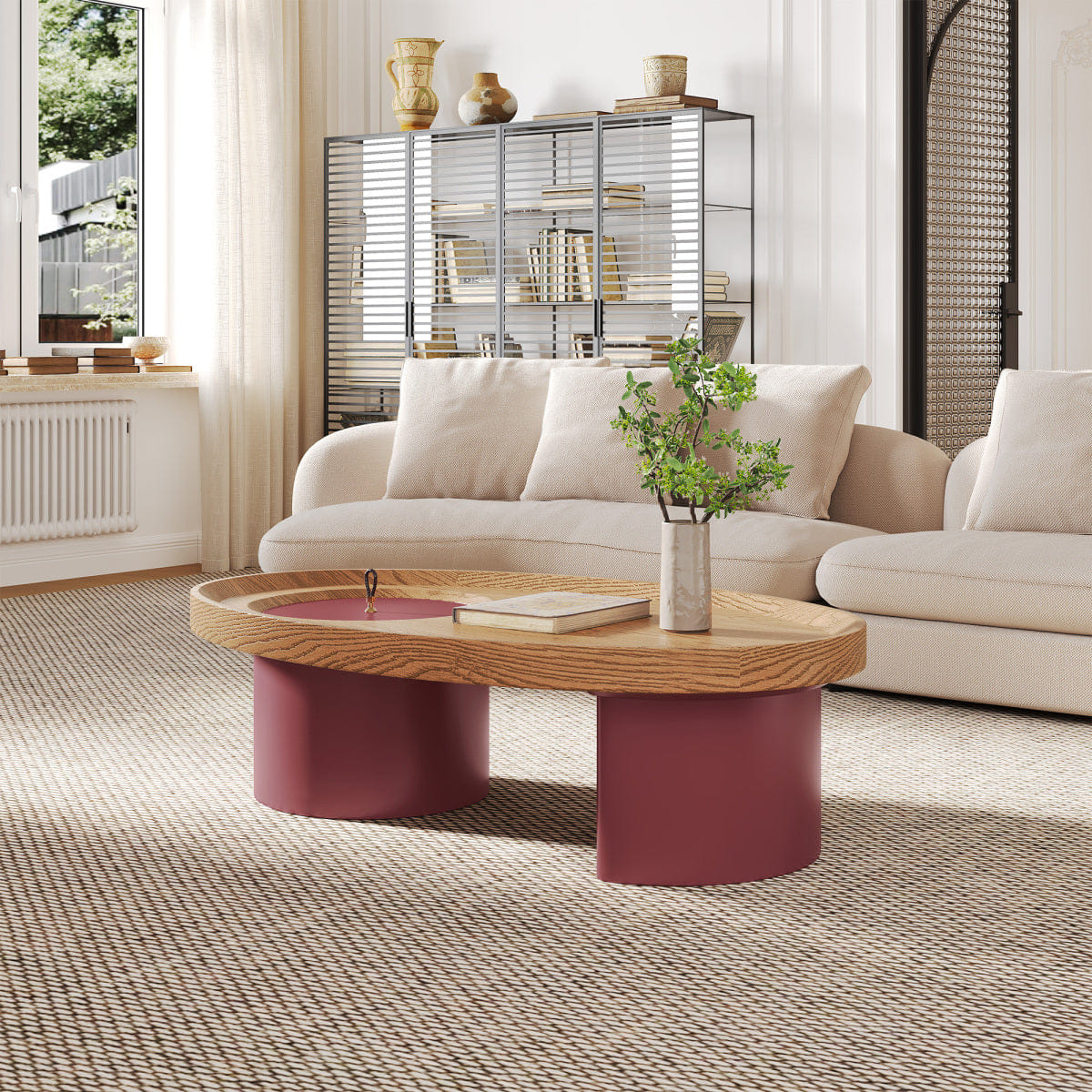 WOOD Streamdale 45.3" Oval Wood Coffee Table with Storage & Red Legs