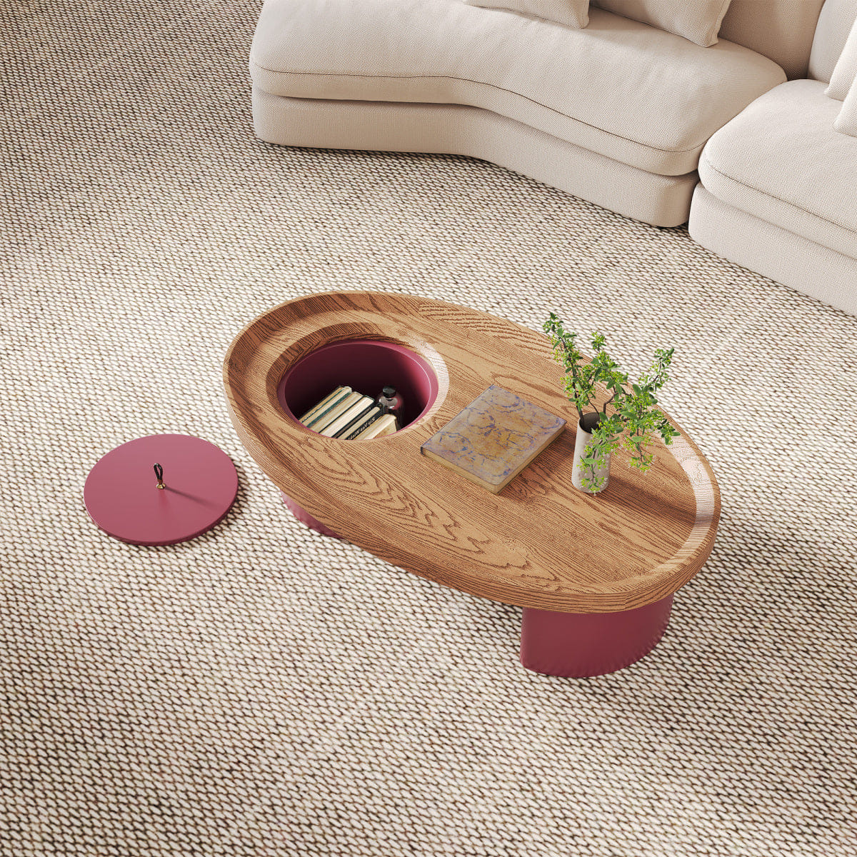 WOOD Streamdale 45.3" Oval Wood Coffee Table with Storage & Red Legs