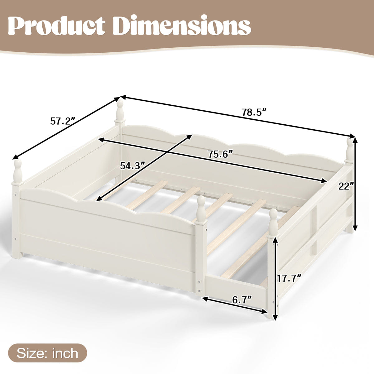 FLOOR Streamdale Full Floor Bed with Guardrails, Bookshelf, and Beige Finish