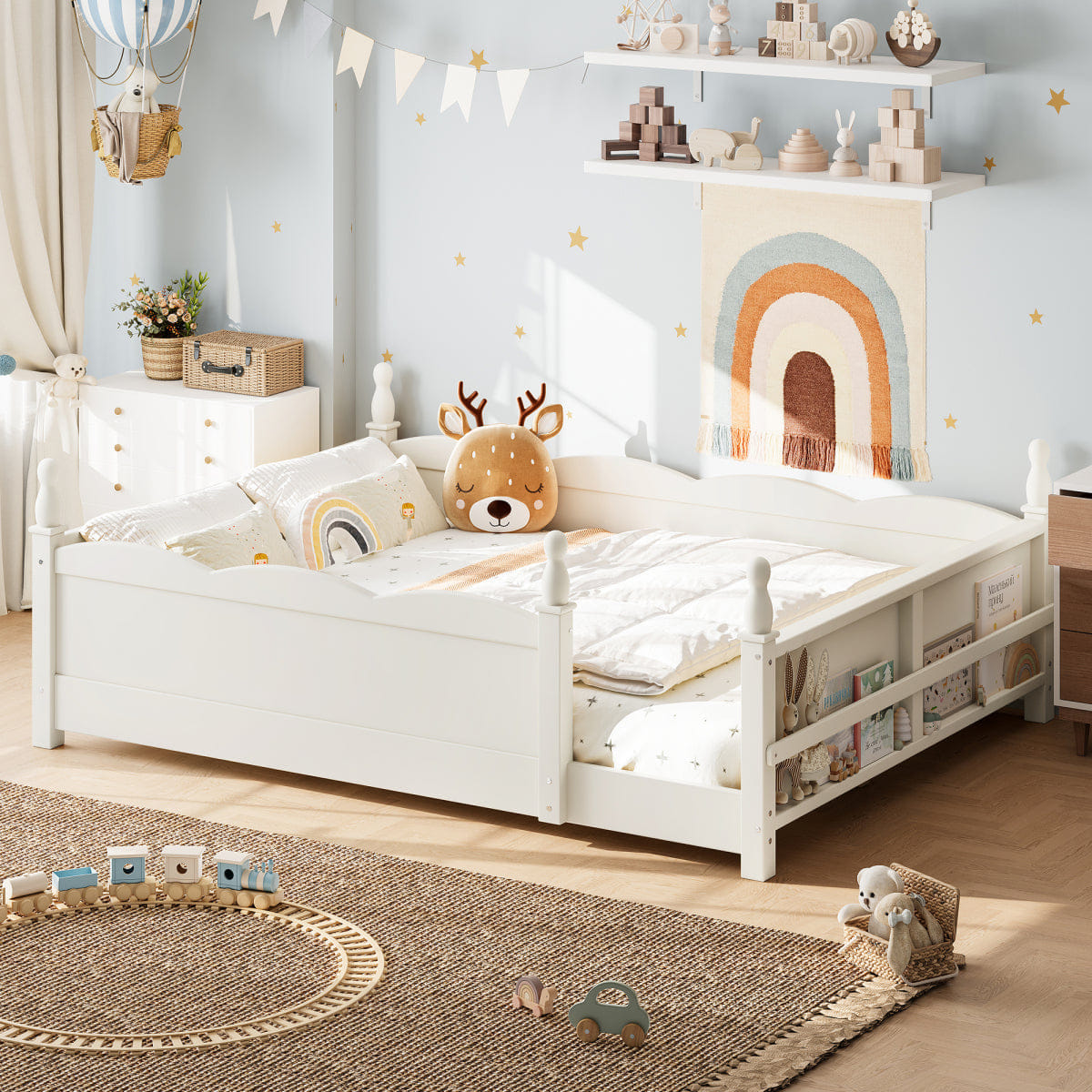 FLOOR Streamdale Full Floor Bed with Guardrails, Bookshelf, and Beige Finish
