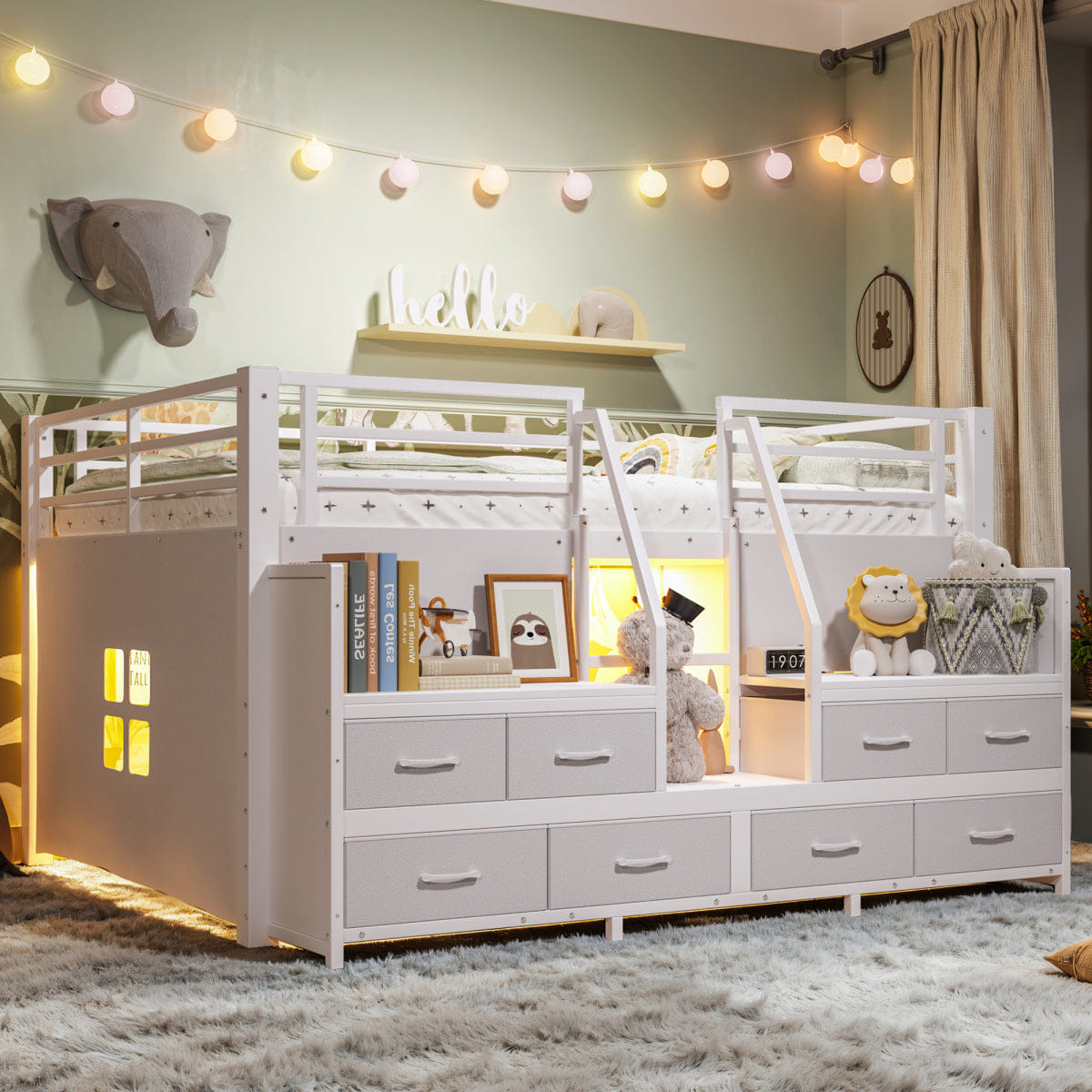 WHITE* Streamdale Full Low Loft Bed with Storage Stairs, Fabric Drawers, and Lights, White