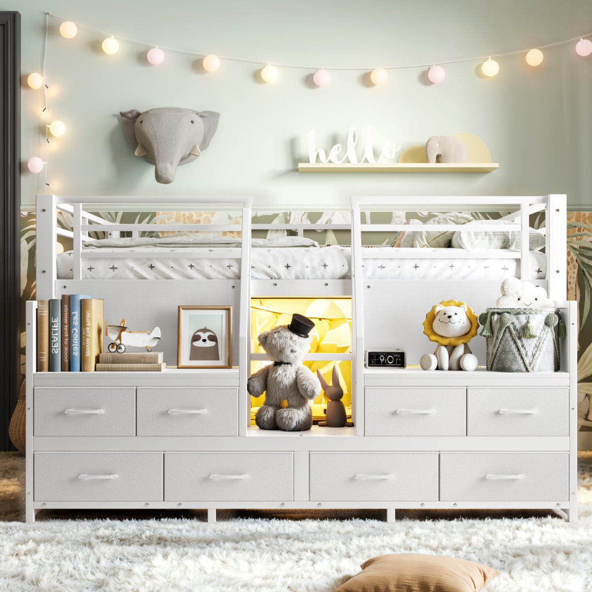 WHITE* Streamdale Full Low Loft Bed with Storage Stairs, Fabric Drawers, and Lights, White