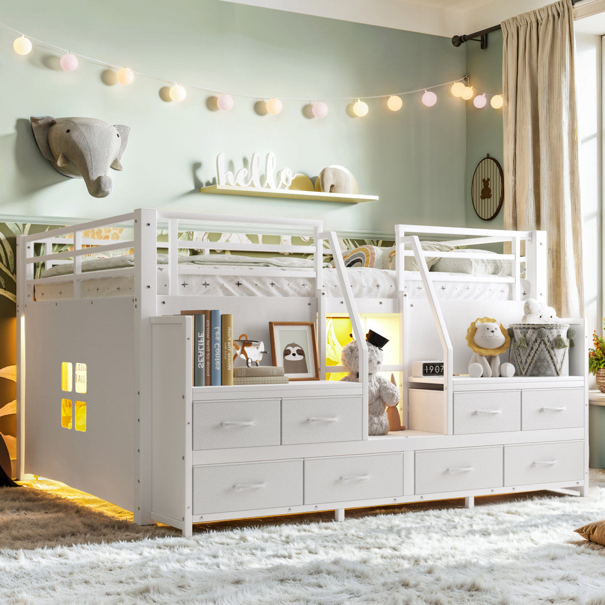 WHITE* Streamdale Full Low Loft Bed with Storage Stairs, Fabric Drawers, and Lights, White