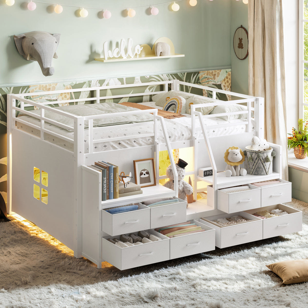 WHITE* Streamdale Full Low Loft Bed with Storage Stairs, Fabric Drawers, and Lights, White