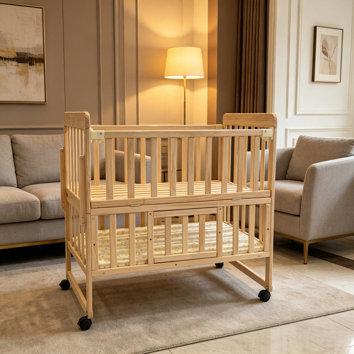 !SOLID Streamdale 5 - in - 1 Portable Solid Pine Baby Crib & Playpen (Natural Wood)