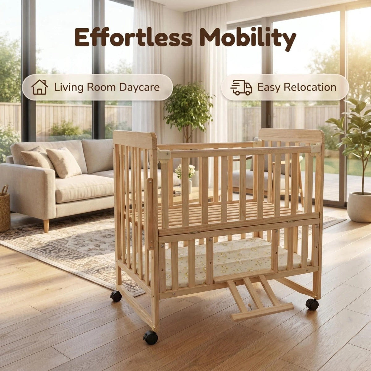 !SOLID Streamdale 5 - in - 1 Portable Solid Pine Baby Crib & Playpen (Natural Wood)