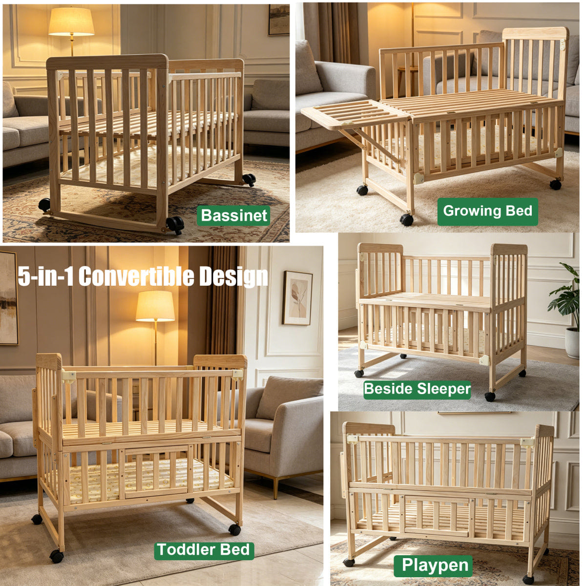!SOLID Streamdale 5 - in - 1 Portable Solid Pine Baby Crib & Playpen (Natural Wood)
