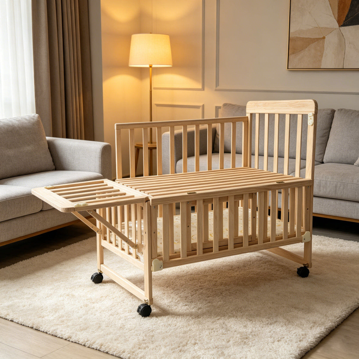 !SOLID Streamdale 5 - in - 1 Portable Solid Pine Baby Crib & Playpen (Natural Wood)