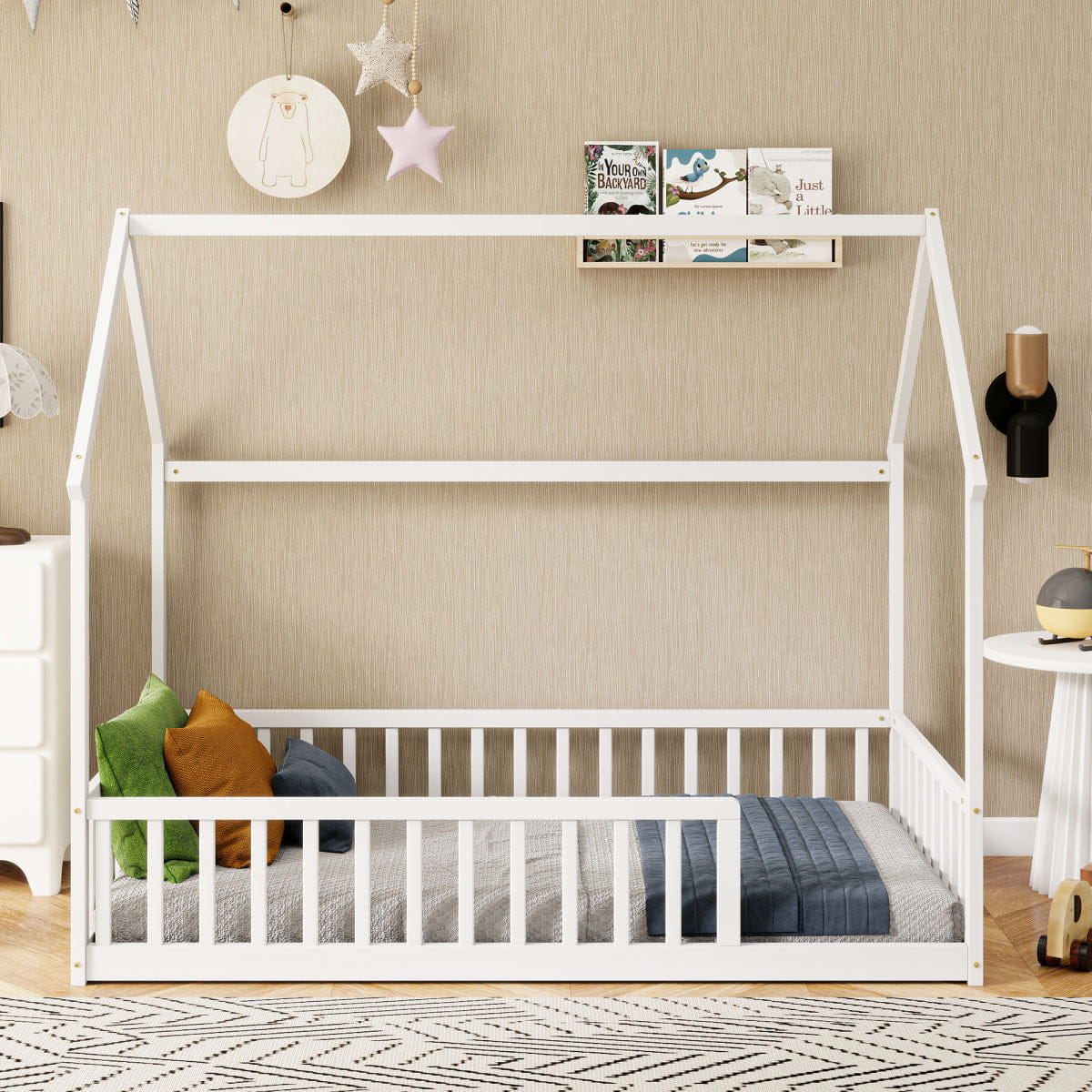 FLOOR Streamdale Twin House Floor Bed with Roof & Safety Guardrails, White
