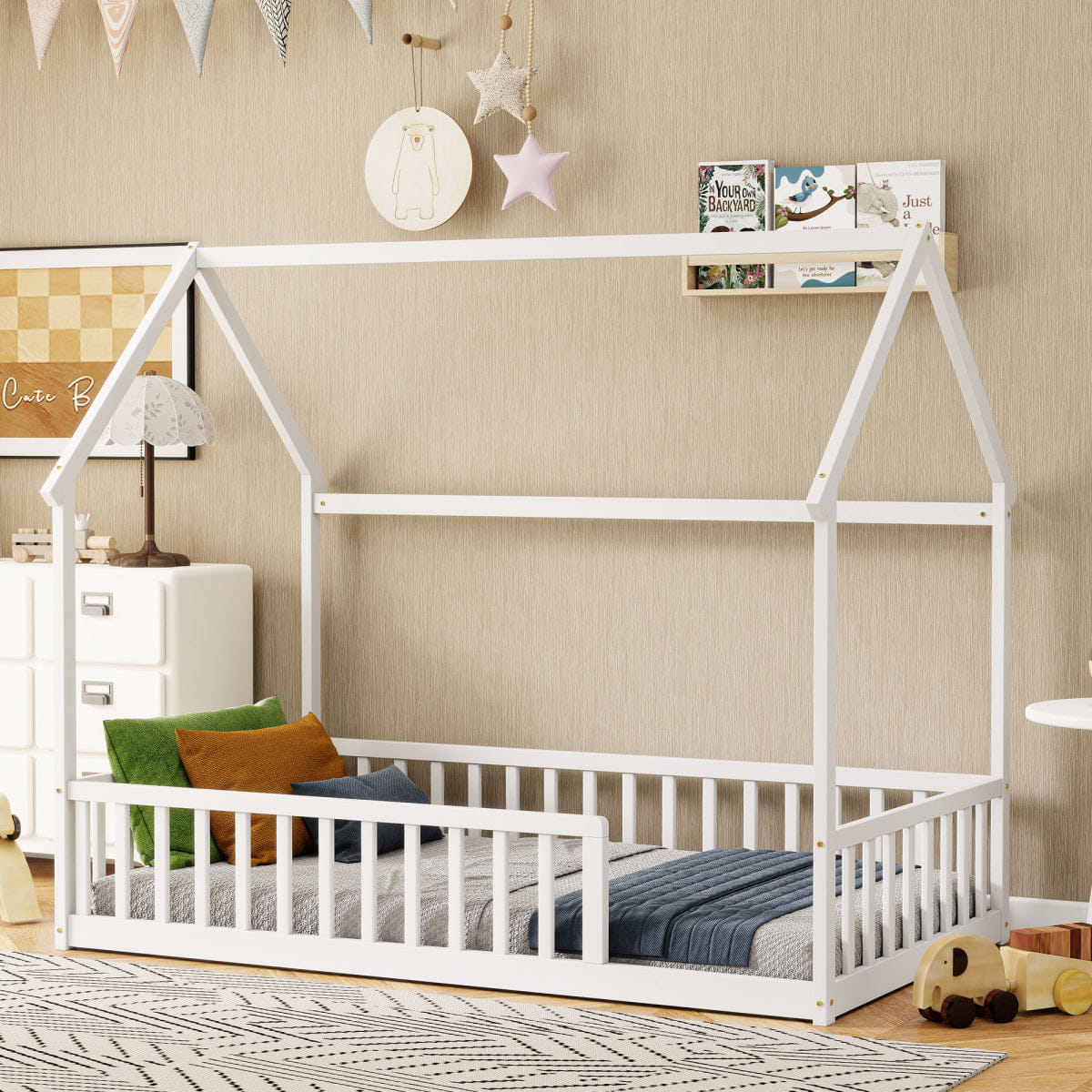 FLOOR Streamdale Twin House Floor Bed with Roof & Safety Guardrails, White