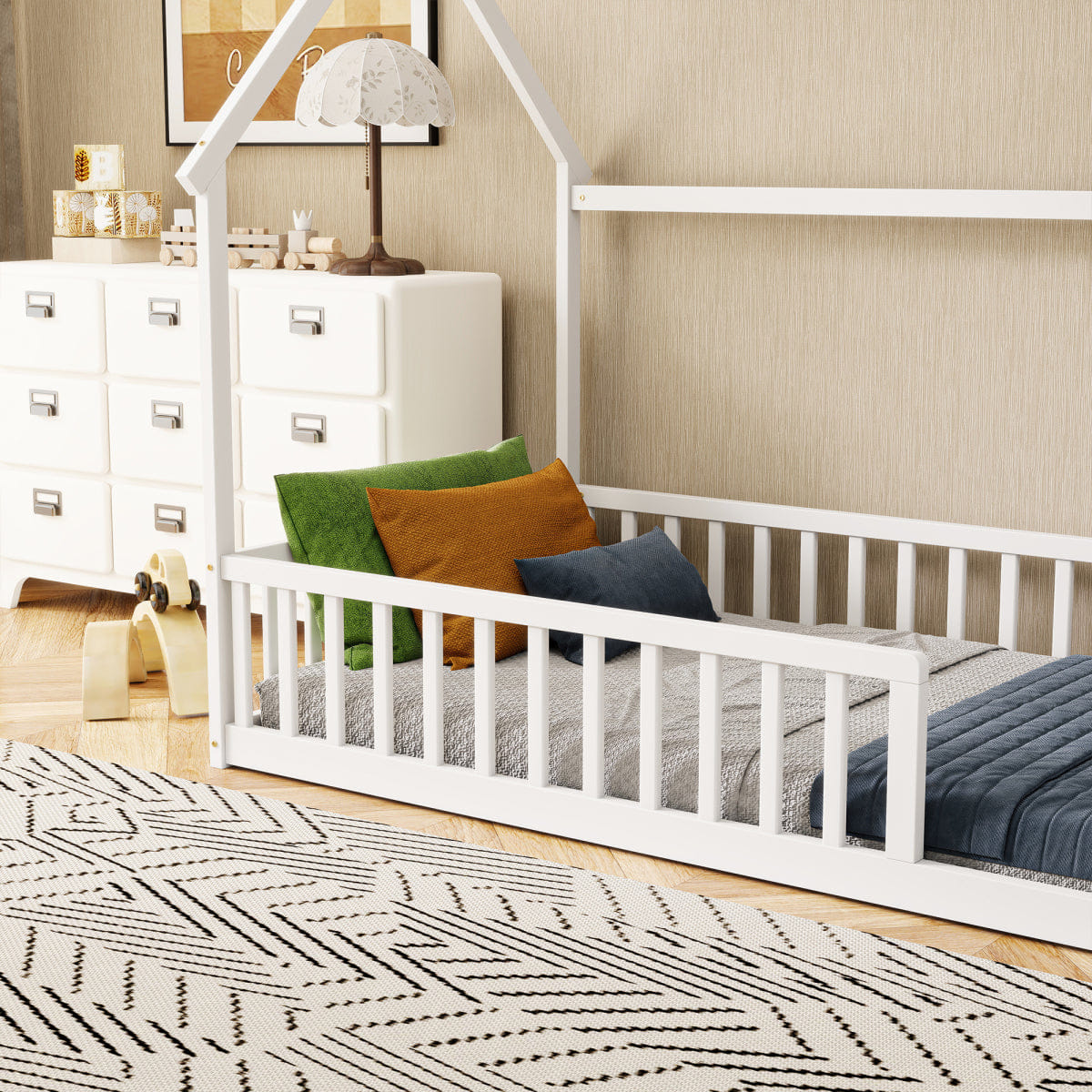 FLOOR Streamdale Twin House Floor Bed with Roof & Safety Guardrails, White