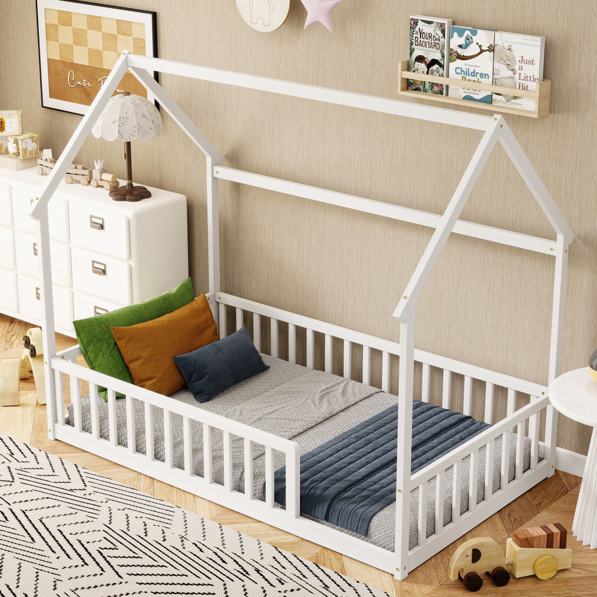 FLOOR Streamdale Twin House Floor Bed with Roof & Safety Guardrails, White