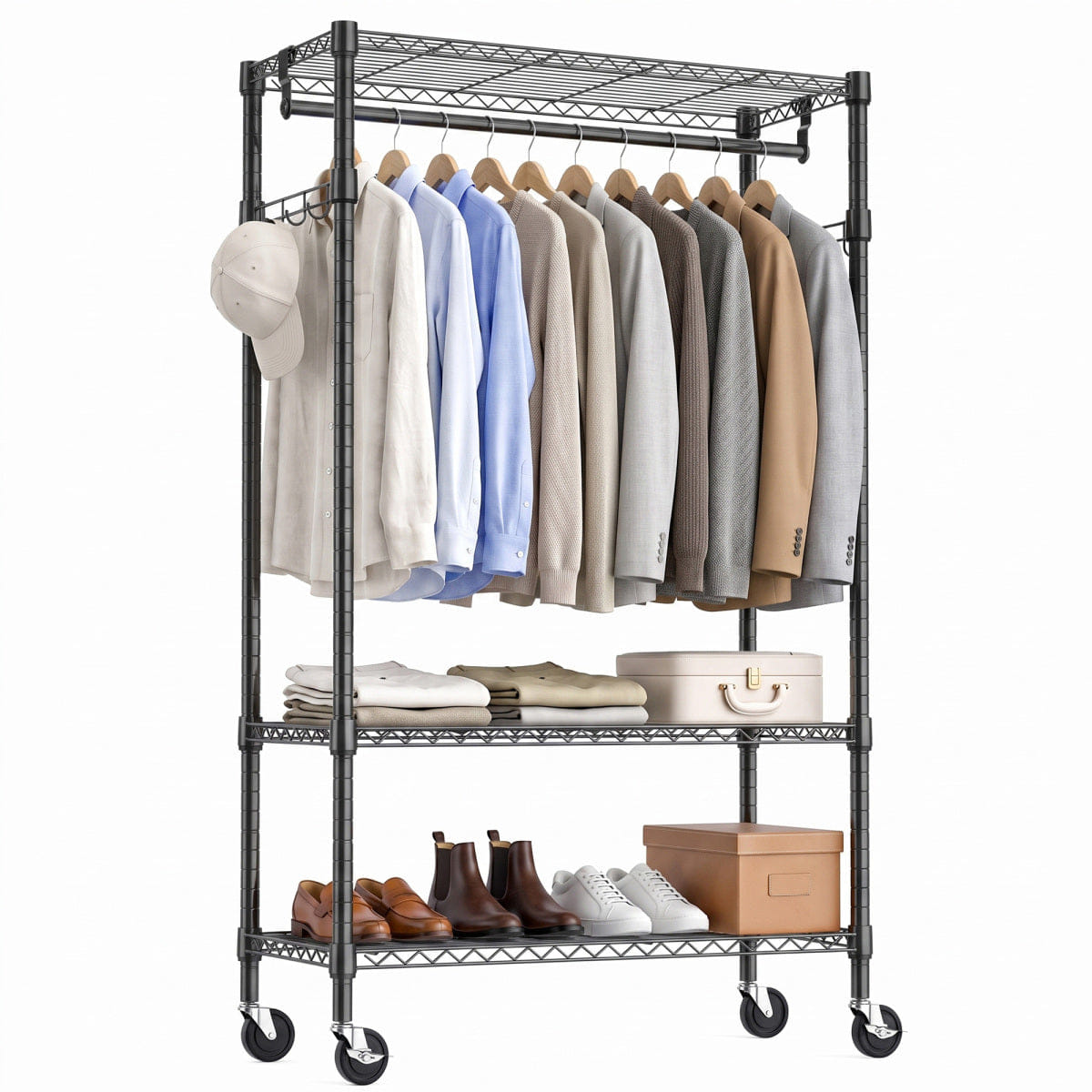 And Streamdale Heavy Duty Rolling Garment Rack with 3 - Tier Shelves and Rods, Black